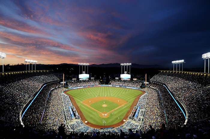 July 24, 2019; Los Angeles, CA, USA; General view as the Los Angeles Dodgers play against the Los Angeles Angels during the fourth inning at Dodger Stadium. The Dodgers will host the 2020 MLB all star game. Mandatory Credit: Gary A. Vasquez-USA TODAY Sports